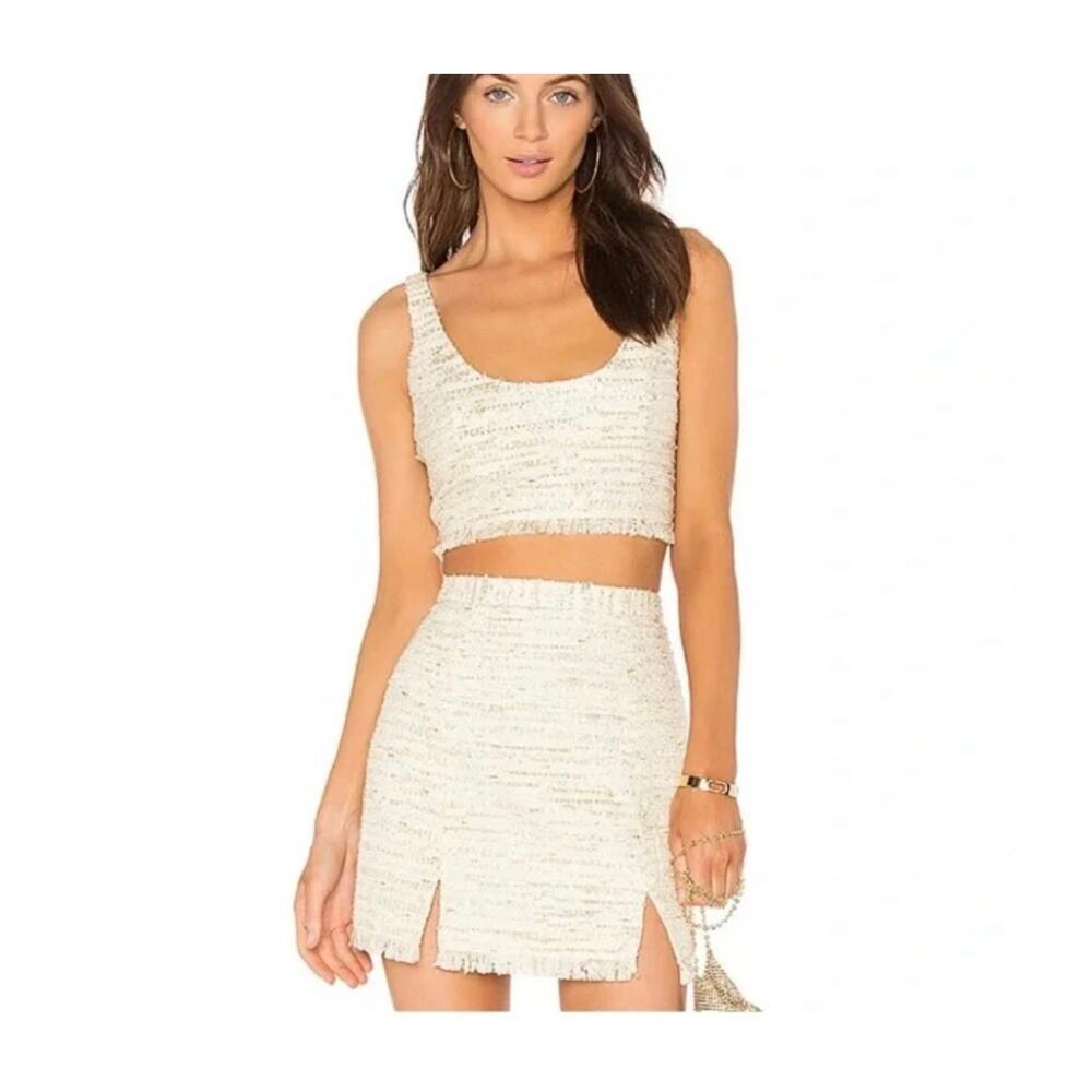 NBD Shawna Crop Top & Blair Mini Skirt Set Ivory Gold Tweed Small